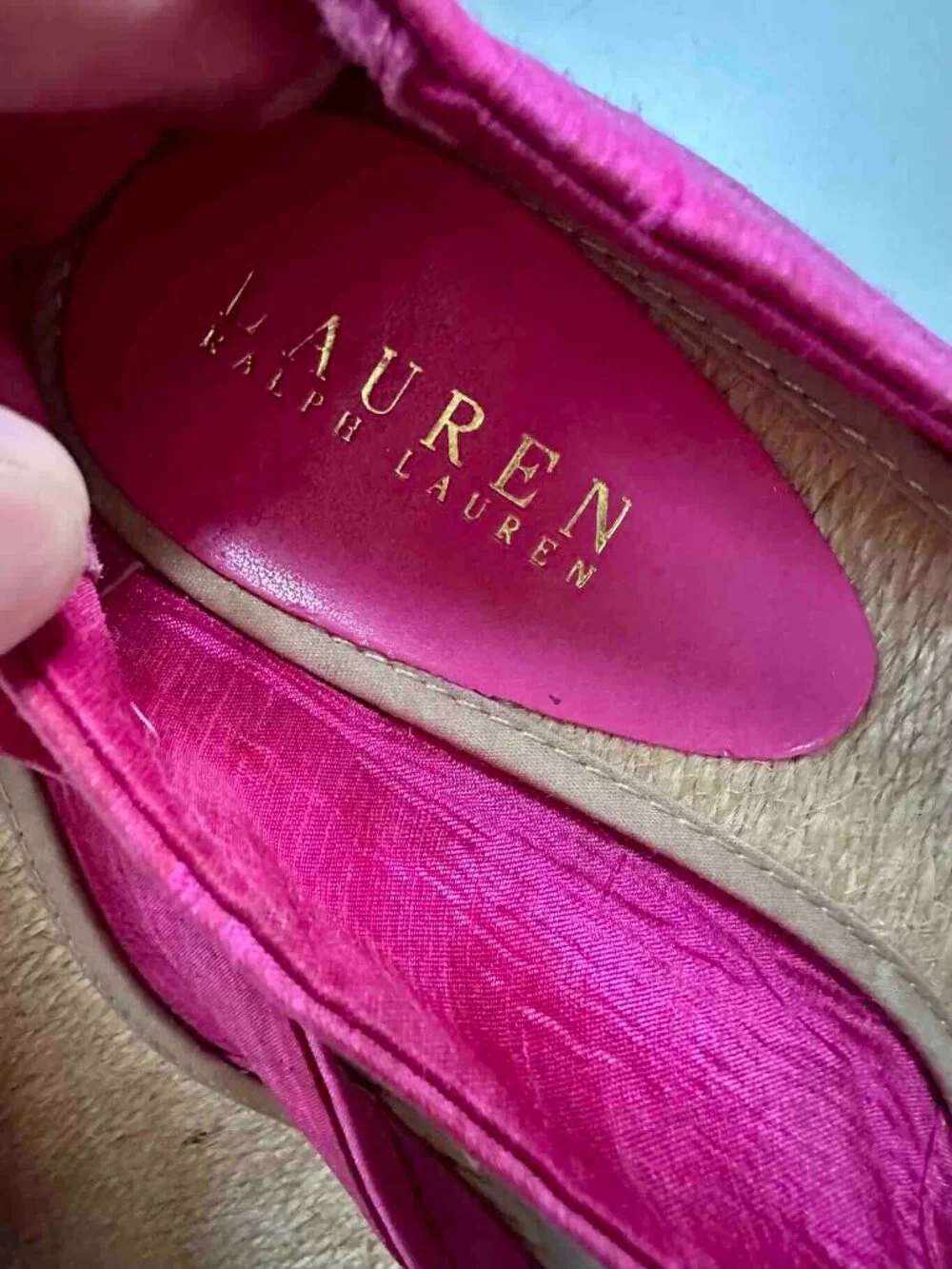 Unworn Ralph Lauren Espadrille Wedges Fuchsia HotPink 9B Satin Platform Sandals